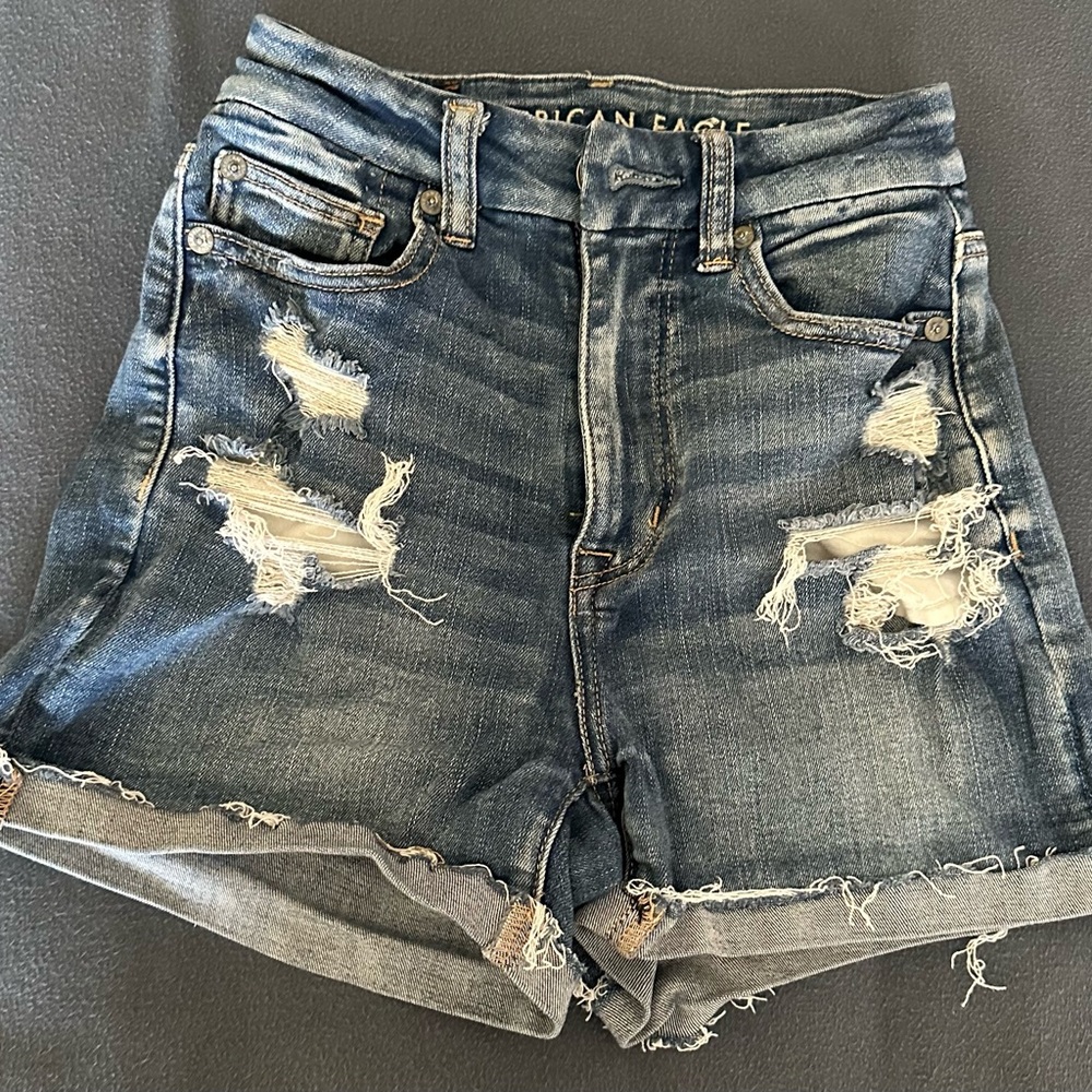 American Eagle Outfitters Women's Ripped Jean Shorts - Dark Blue
